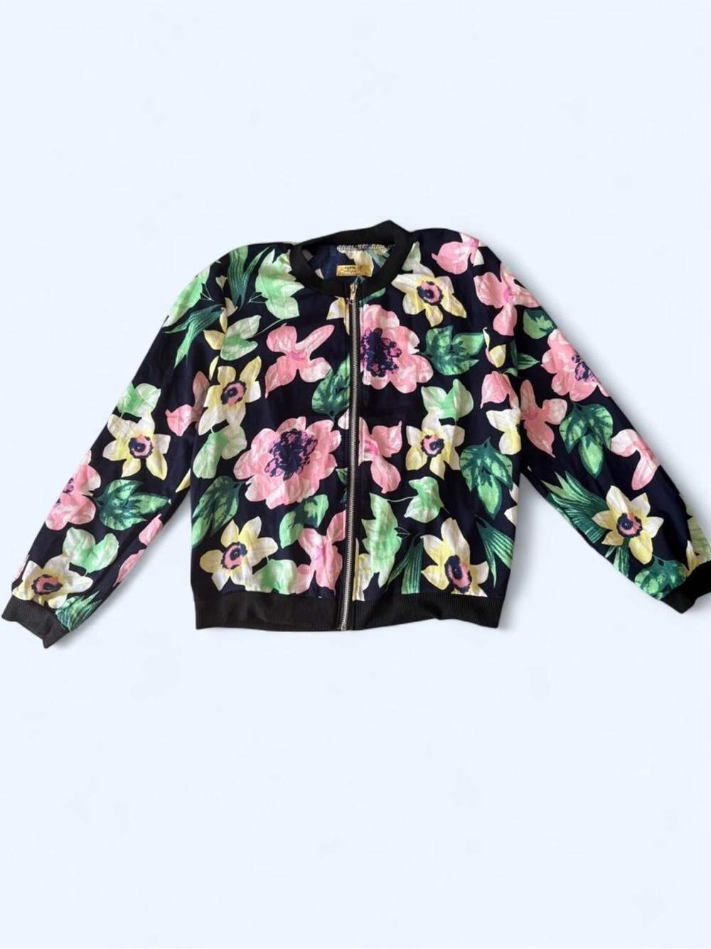 Girls Floral Bomber Jacket - Black with Pink & Green Flowers